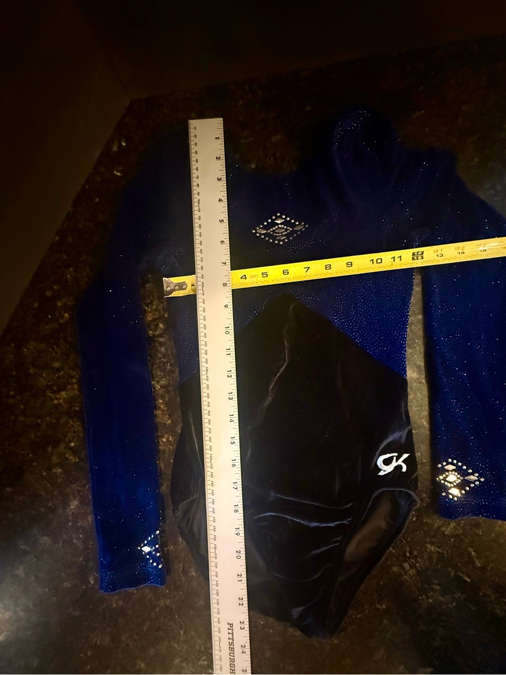 GK Navy Blue Velvet & Sparkle Long Sleeve Gymnastics Dance Leotard sz Med excell